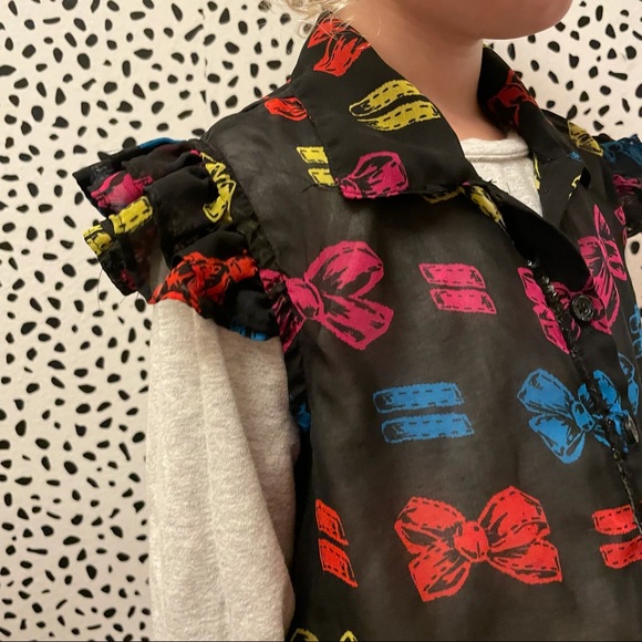 Harajuku Mini Black Primary Color Bow Equality Button Up Collar Sheer Top 4/5 - Picture 8 of 11